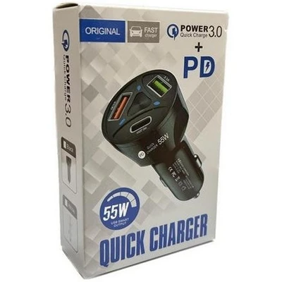 شارژر فندکی ۳ پورت ۵۵ وات فست شارژ QC3 با دو خروجی USB و یک خروجی PD