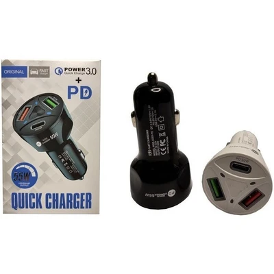 شارژر فندکی ۳ پورت ۵۵ وات فست شارژ QC3 با دو خروجی USB و یک خروجی PD
