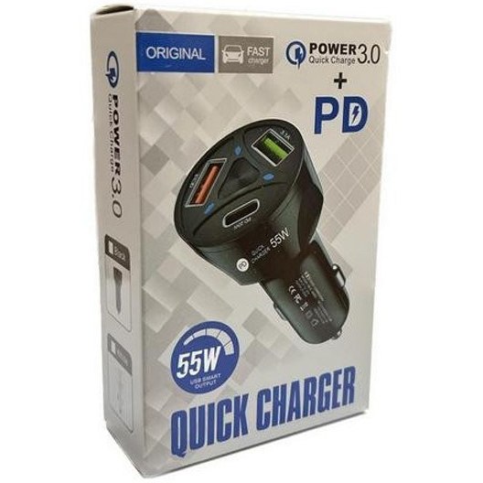 شارژر فندکی ۳ پورت ۵۵ وات فست شارژ QC3 با دو خروجی USB و یک خروجی PD